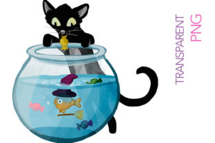 Cat Feeding Goldfish Halloween Illustrations