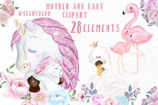Unicorn Mother and Baby Clipart & Illustrations